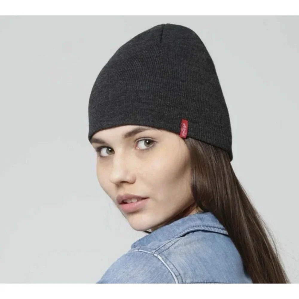 Levi's Beanie and Scarf Set Black Knit Hat, Gray Black Scarf